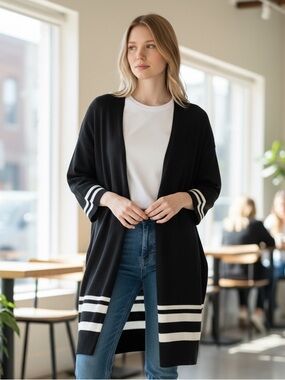 Simply Noelle Black Open Front Cardigan with Stripe Detail – Size S/M – NWT